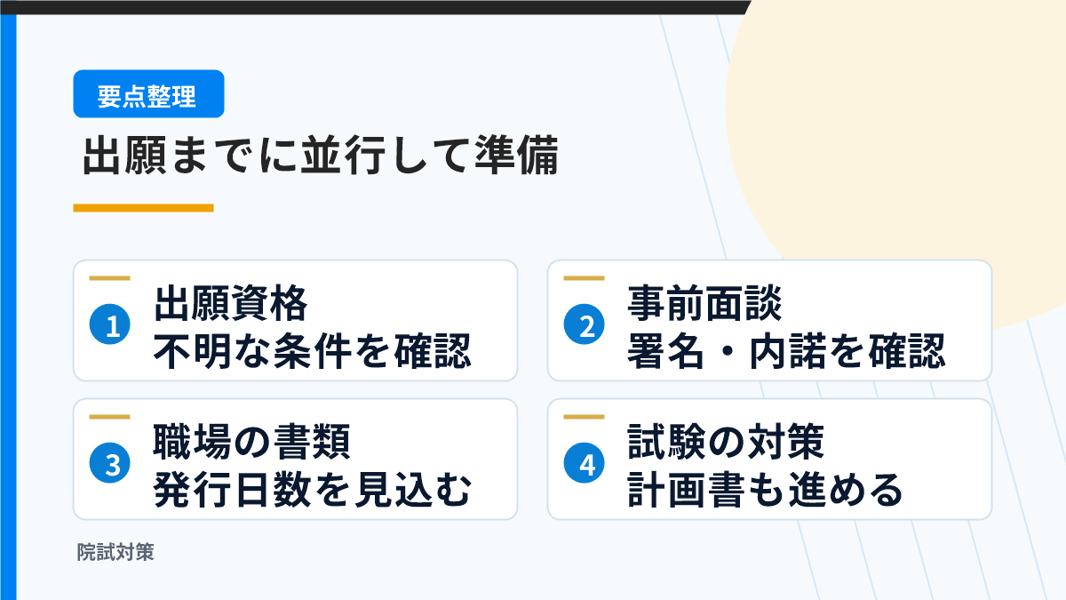 出願資格、事前面談、職場の書類、試験対策を並行して準備する図