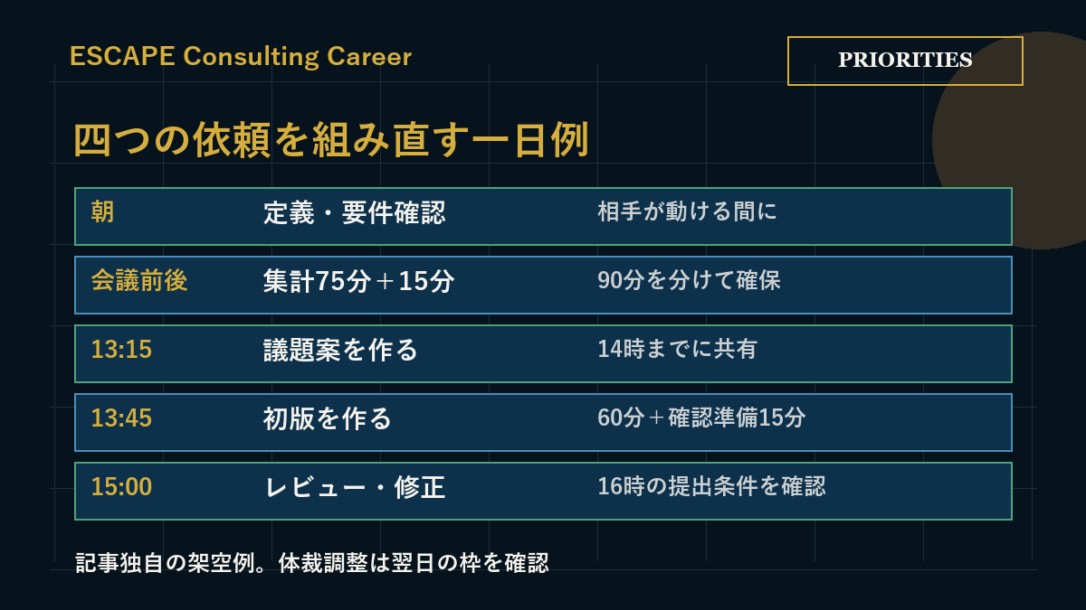 架空の一日で、確認を先に置き、集計、議題案、初版、レビューへ進める例