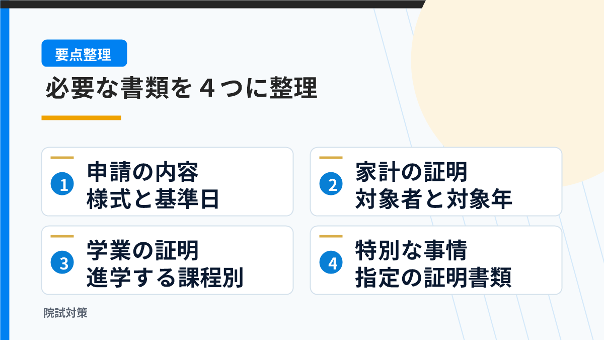 申請書と家計と学業と事情の書類を整理する図